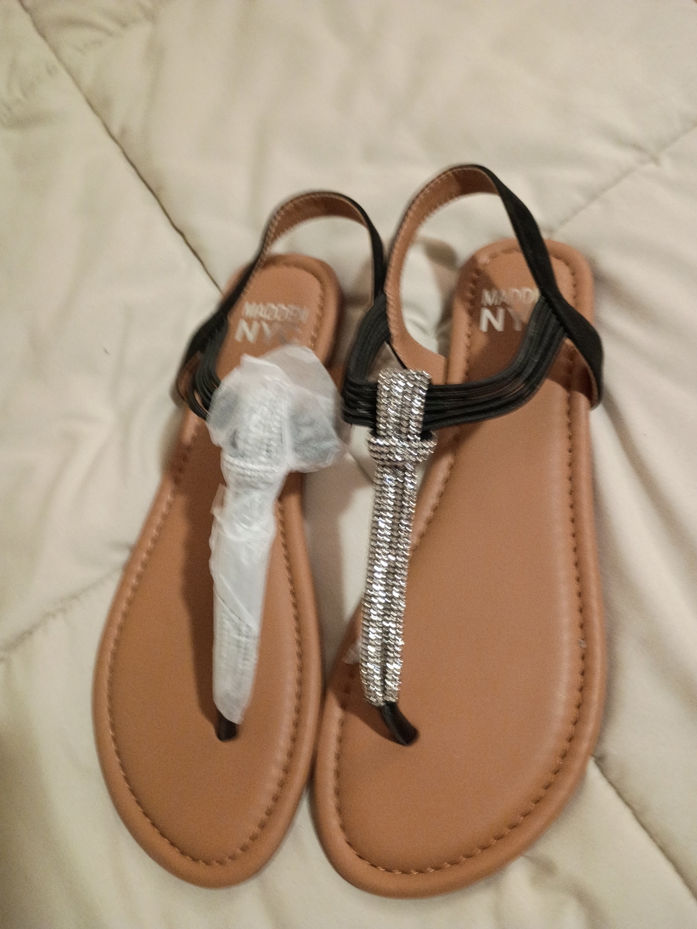 Madden NYC Rhinestone T-Strap Flat Sandal Brown & Black